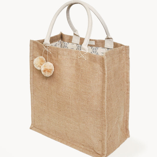 Jute Canvas Market Bag With Pompom