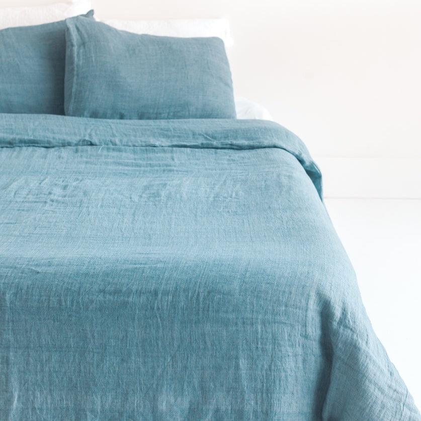 Linen Queen Duvet Cover Set - Denim Blue