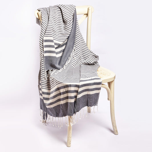 Fethiye Striped Cotton Blanket Throw - Blue