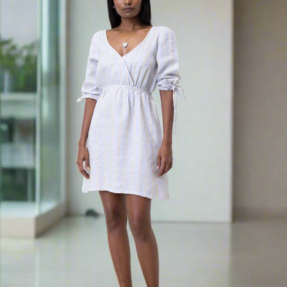 Gathered Elbow Sleeve Short Dress in Stripes